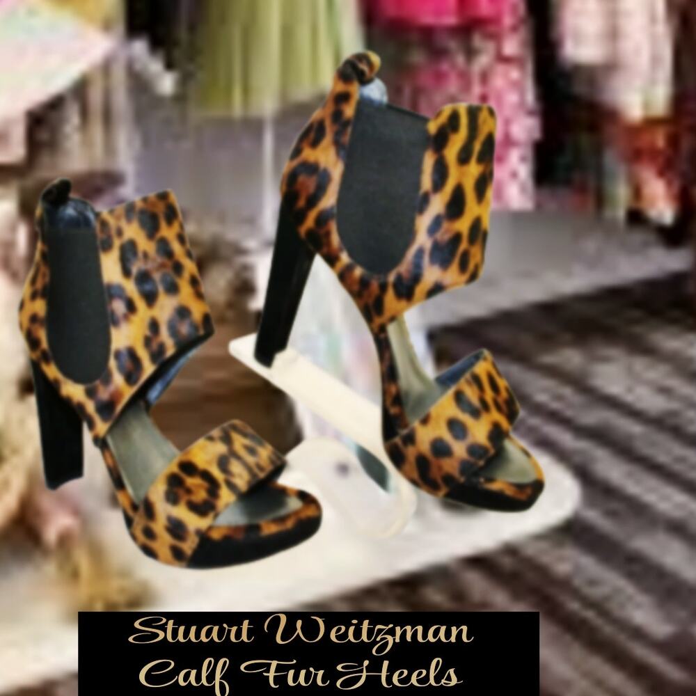 Stuart Weitzman Animal Print Heels Leopard Print Died Calf Fur - Picture 4 of 15